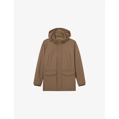 Reiss Mens Light Brown Lord Hooded Zip-through Padded Woven Coat