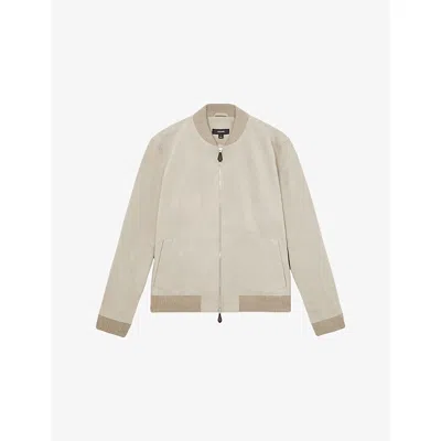 Reiss Mens Light Grey Burnham Ribbed-collar Regular-fit Suede Bomber Jacket Xs In Neutral