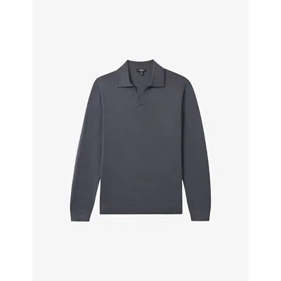 Reiss Mens Milburn Open-collar Merino-wool Polo Shirt Blackened Blue