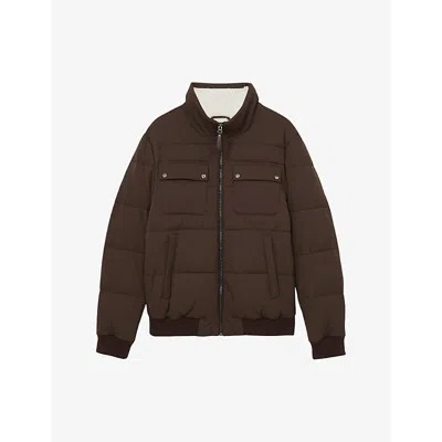 Reiss Mens Misty Faux-fur Collar Woven Puffer Jacket Brown