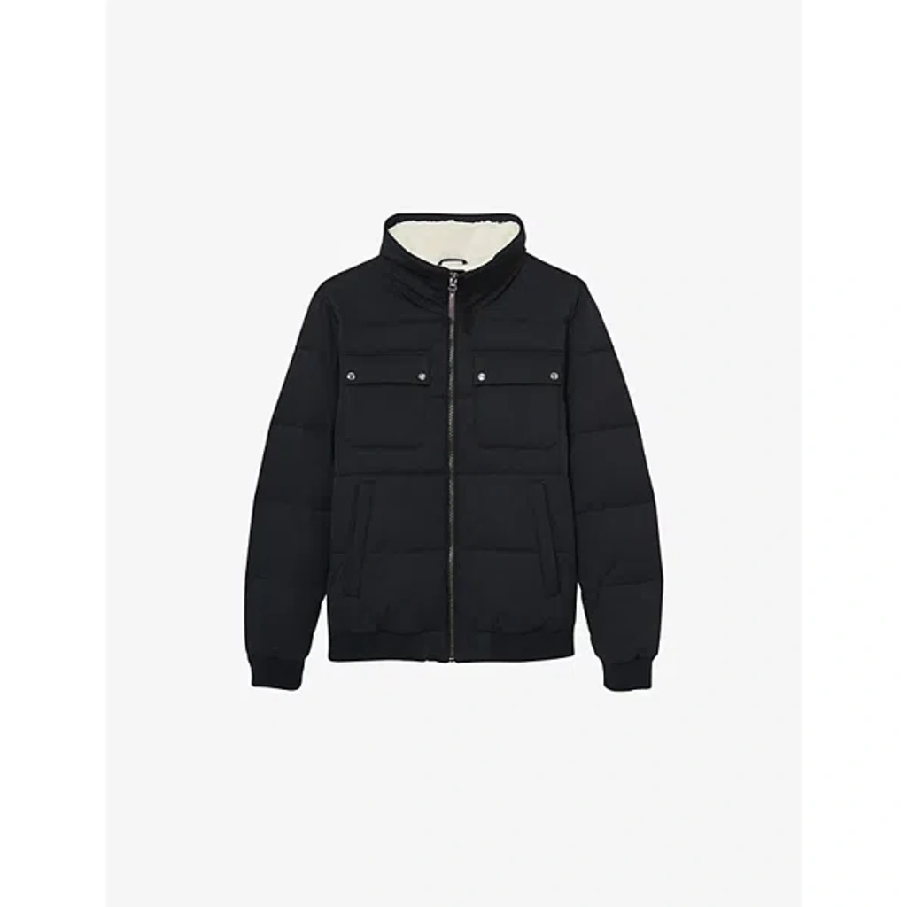Reiss Mens Misty Faux-fur Collar Woven Puffer Jacket In Navy