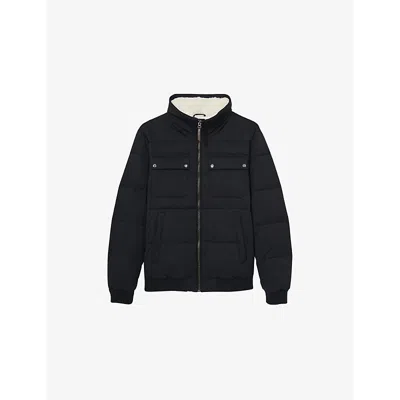 Reiss Mens  Misty Faux-fur Collar Woven Puffer Jacket In Navy/ White Borg