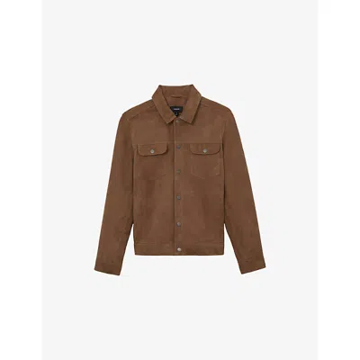 Reiss Mens Mushroom Brown Sliken Chest-pocket Suede Jacket Xl