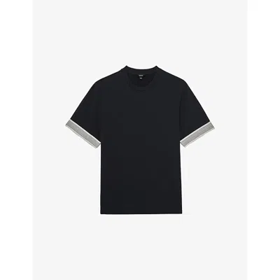 Reiss Mens Navy Aries Striped-trim Stretch-woven T-shirt In Black