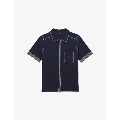 Reiss Mens Navy Blake Stitch-detail Stretch-knit Shirt In Blue
