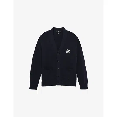 Reiss Mens Navy Coates Monogram-embroidered Cotton Cardigan In Blue