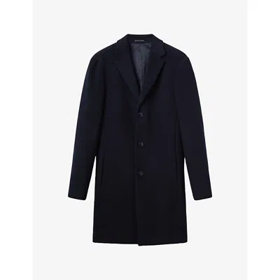 REISS MENS NAVY GABLE SINGLE-BREASTED WOOL-BLEND OVERCOAT