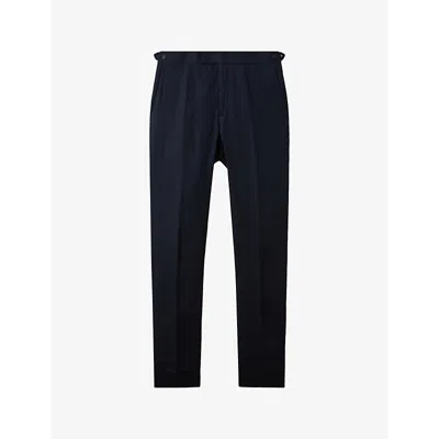 REISS MENS NAVY KIN SLIM-LEG PRESSED-CREASE LINEN TROUSERS