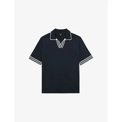 Reiss Mens Navy Poole Striped-trim Stretch-knit Polo Shirt Xl In Blue