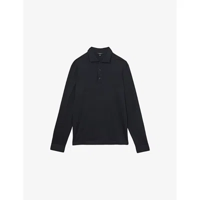 Reiss Mens Navy Porofino Long-sleeved Cotton-jersey Polo Shirt In Blue