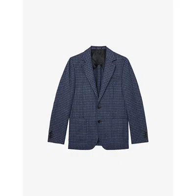 Reiss Mens Navy Romana Notch-lapel Dogtooth Wool And Linen Blazer In Blue