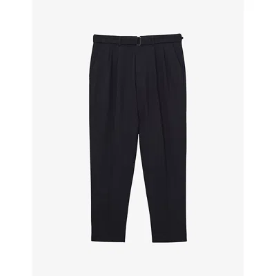 Reiss Mens Navy Strap Belted-waist Tapered-leg Stretch Wool-blend Trousers