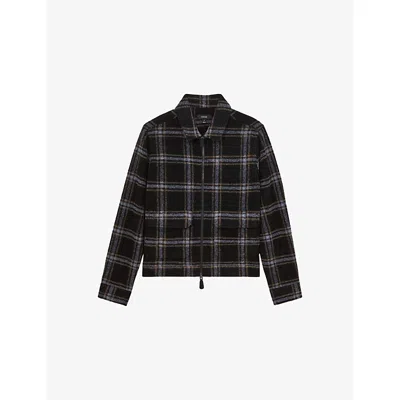 REISS MENS NAVY VARENA CHECKED REGULAR-FIT WOOL-BLEND OVERSHIRT XS
