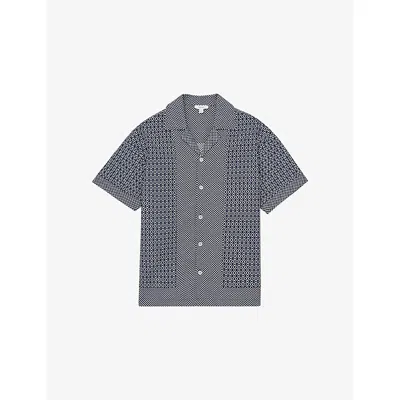 Reiss Mens Navy White Matisse Geometric-pattern Woven Shirt In Blue