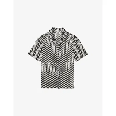 Reiss Mens Sterling Open-crochet Cotton-blend Shirt Navy White Xxl In Black