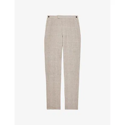 Reiss Mens Oatmeal Ashton Checked Slim-fit Linen Trousers In Brown
