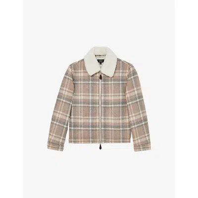 Reiss Mens Oatmeal Brown Chander Checked Wool-blend Jacket Xs