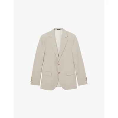 Reiss Mens Oatmeal Brown Cheltenham Single-breasted Check Linen-cotton Blazer