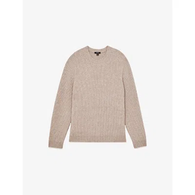 Reiss Oatmeal Brown Brushed Rib-knit Crew-neck Jumper With Wool