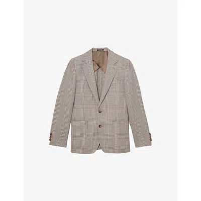 Reiss Mens Oatmeal Brown Epsom Checked Linen-blend Blazer
