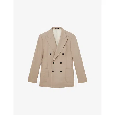 Reiss Mens Venus Peak-lapel Double-breasted Wool-blend Blazer Oatmeal Brown