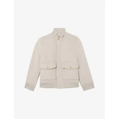 Reiss Mens Oatmeal Hadley Funnel-neck Wool Bomber Jacket In Brown