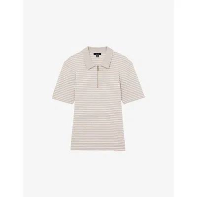 Reiss Mens Fallow Striped Knitted Polo Shirt Oatmeal Melange