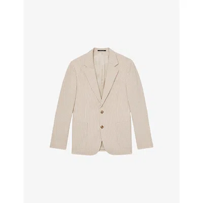 Reiss Mens Bay Notch-lapel Single-breasted Seersucker Stretch-cotton Blazer Oatmeal White In Neutral
