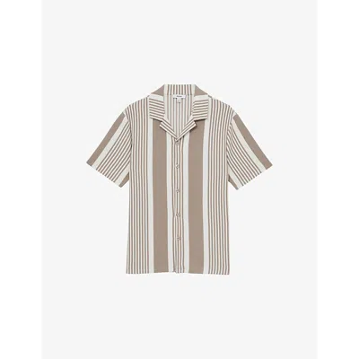 Reiss Mens Striped Short-sleeved Stretch-woven Shirt Oatmeal White