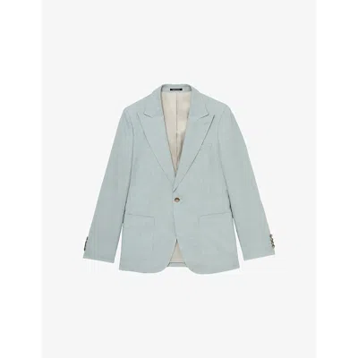 REISS MENS OCEAN GREEN WARNER PEAK-LAPEL SLIM-FIT LINEN BLAZER