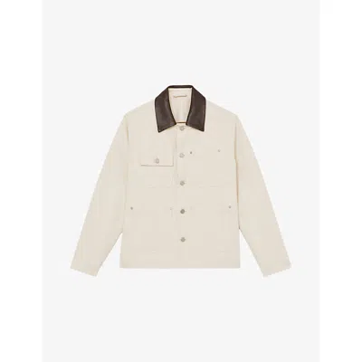 Reiss Mens Off White Clapper Leather-collar Denim Jacket Xl