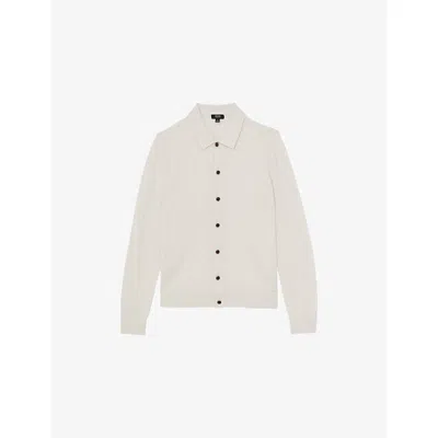 Reiss Mens Off White Gideon V-stitch Wool Knitted Cardigan