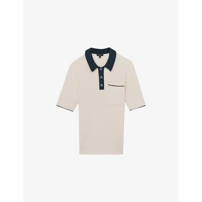 Reiss Mens Brinkley Knitted Cotton Polo Shirt Off White Navy