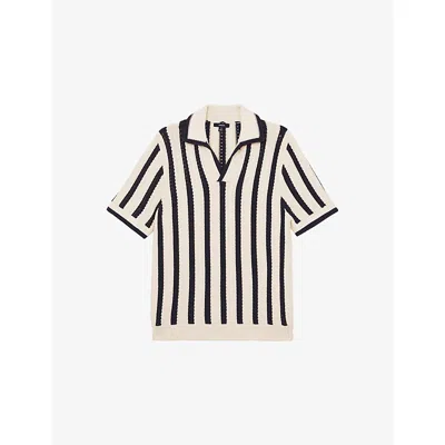 Reiss Mens Off White Navy Duncan Striped Cotton-blend Polo Shirt In Multi