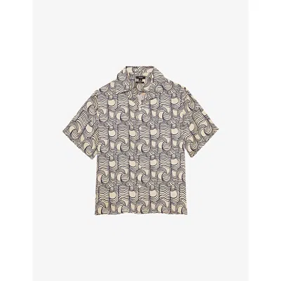 Reiss Mens Waver Wave-pattern Woven Shirt Off White Navy In Multi