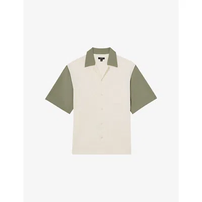 Reiss Mens Off White Sage Colour-block Cuban-collar Stretch-knit Shirt Xl