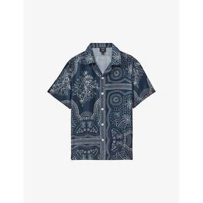 Reiss Mens  Palm-tree Short-sleeve Woven Shirt In Navy/white