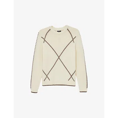 Reiss Mens  Parvey Embroidered Wool-blend Jumper In White/brown