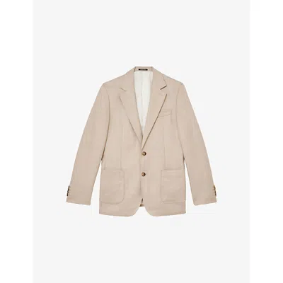 Reiss Mens Pelmet Herringbone-weave Wool-blend Blazer Oatmeal
