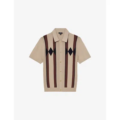 Reiss Mens Camel Brown Axis Argyle-print Short-sleeve Knitted Shirt Xl