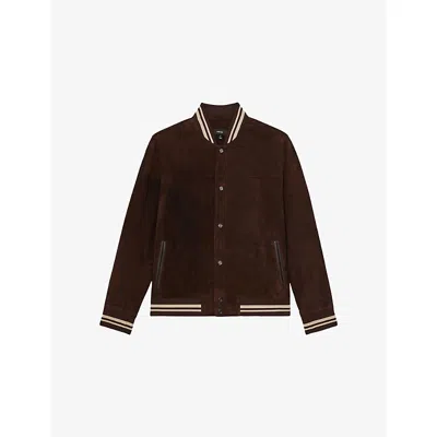 Reiss Mens Chocolate Brown Banridge Stripe-trim Suede Bomber Jacket