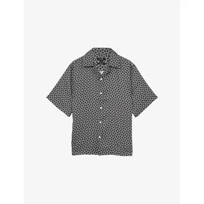 Reiss Mens Black White Barella Geometric-pattern Woven Shirt Xs