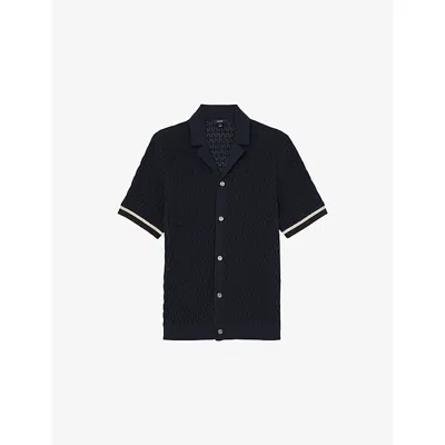 Reiss Mens Navy Bilsby Geometric-knit Cotton-blend Shirt Xxl In Blue
