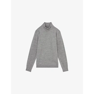 Reiss Mens  Blackhall Half-zip Funnel-neck Wool Knitted Jumper In Warm Grey Melange