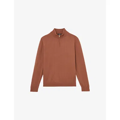 Reiss Mens Cinnamon Brown Blackhall Zip-neck Long-sleeve Merino-wool Jumper