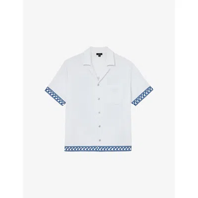 Reiss Mens White Bleeker Embroidered-trim Towelling Cotton-blend Shirt
