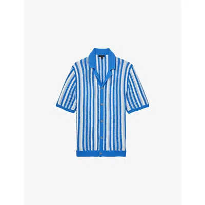 Reiss Blue Multi Carrington Cotton Crochet Stripe Cuban Shirt