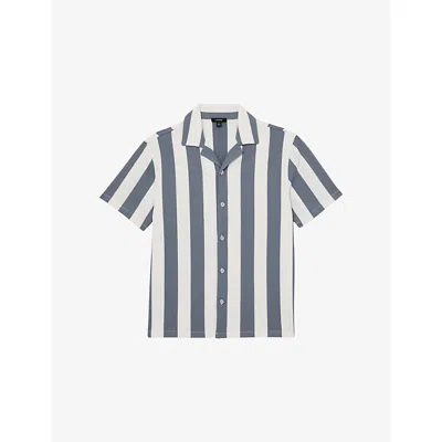 Reiss Mens Airforce Blue Off White Dexter Cuban-collar Block-stripe Stretch-woven Shirt Xl