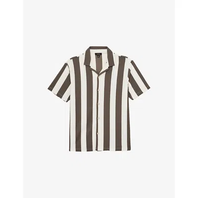 Reiss Mens Brown Off White Dexter Cuban-collar Block-stripe Stretch-woven Shirt