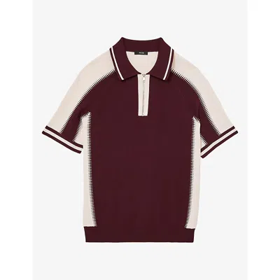 Reiss Mens  Elmers Half-zip Colour-block Knitted Polo In Bordeaux Ecru